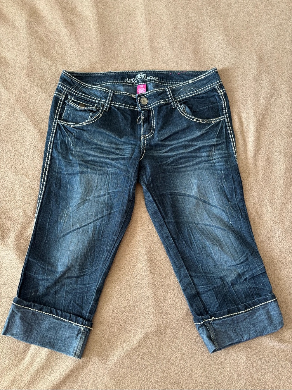 Almost Famous Dark Blue Cropped Capri Jeans with Rolled Hems